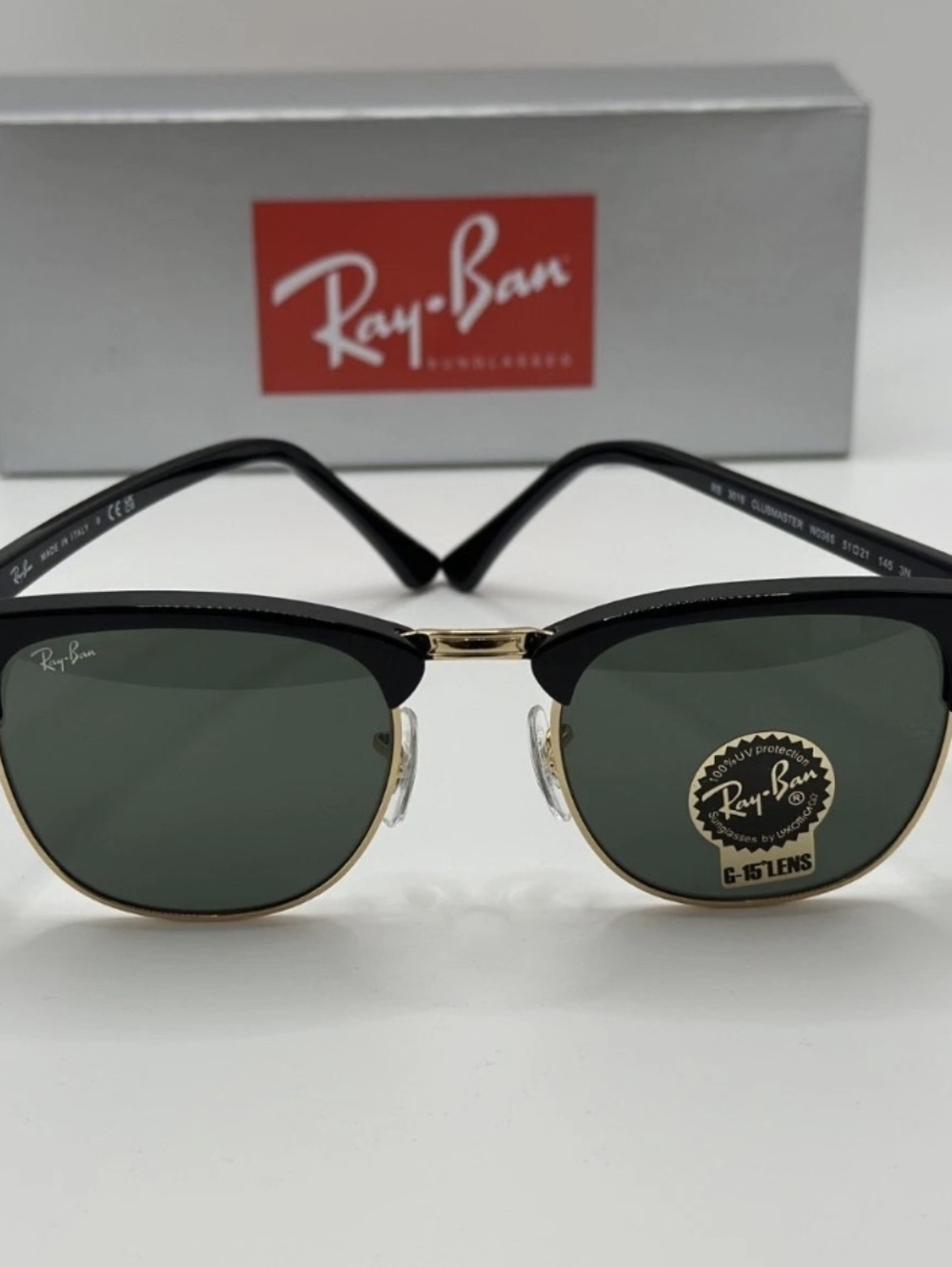 New With Damaged Box Ray-Ban RB3016 Clubmaster Black/Gold Frame Green G-15 Lens - Picture 4 of 6